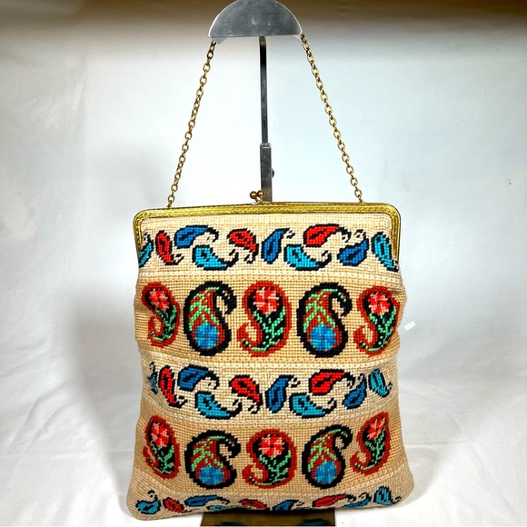 Vintage Needlepoint Tapestry Paisley Motif Shoulder Clutch Handbag Purse - Picture 1 of 13
